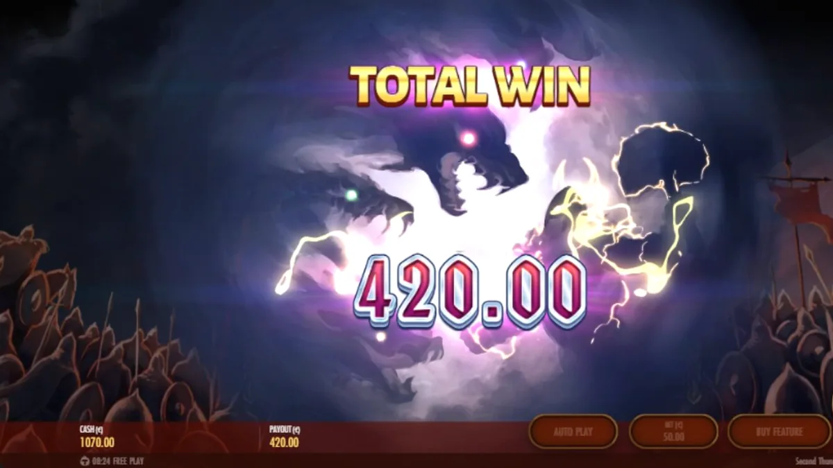 Antarmuka permainan slot Second Thunder pada layar ponsel pintar dengan latar belakang distopia musim dingin.