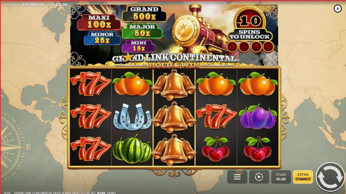 Grand Link Continental: Hold & Win slot machine interface showing luxury train theme
