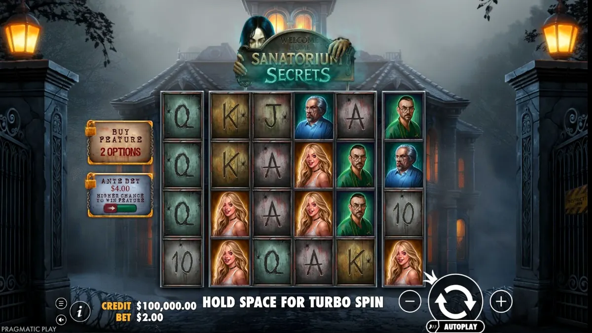 Tampilan layar utama slot Sanatorium Secrets dengan tema asylum yang mencekam
